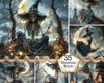JPEG Skeleton Witch Backgrounds Illustration Halloween Graphics Commercial Use Instant Download Paper Crafts Junk Journal Scrapbooking