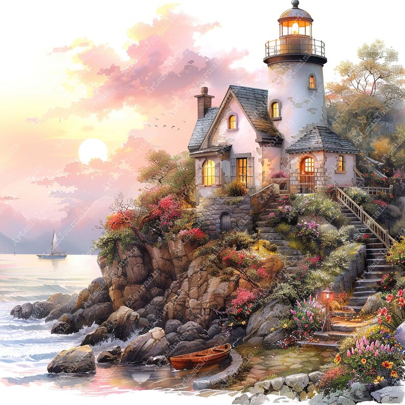 May include: Watercolor painting of a coastal lighthouse and cottage at sunset. The white lighthouse has a light on top, and the cottage has lit windows. A wooden boat sits near the rocky shore, with colorful flowers and stairs leading up to the buildings.
