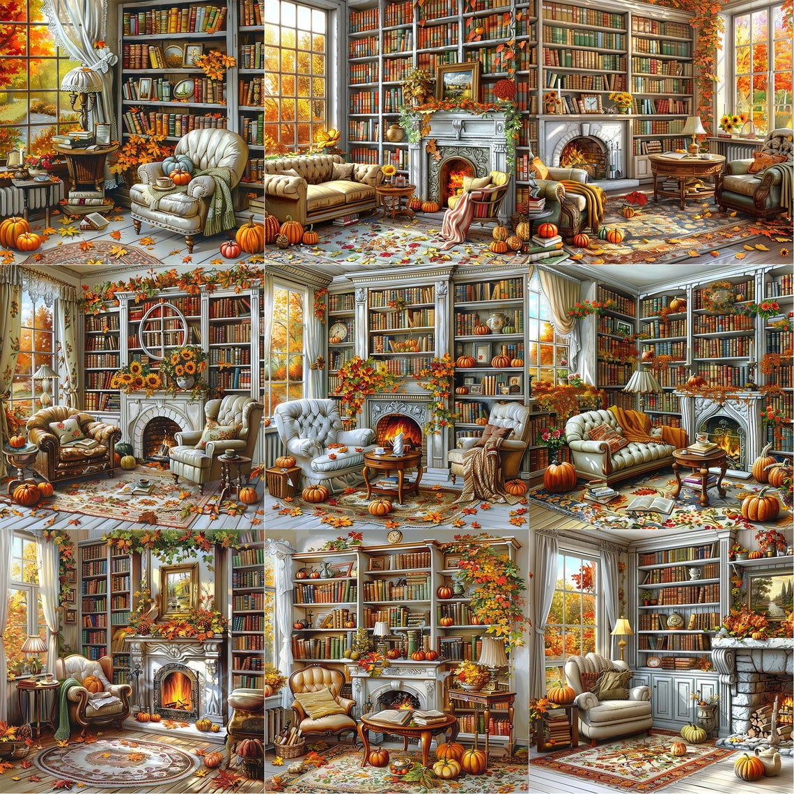 Library Fall Paper Decor Watercolor Autumn Cozy Library JPEG Halloween Autumn Pumpkin Harvest ...