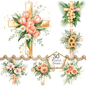 PNG + JPEG aquarelle floral croix Clipart Bundle Clipart religieux Clipart chrétien Téléchargement instantané Paper Craft Junk Journal Scrapbooking