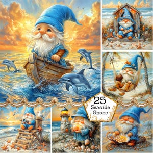 JPEG Seaside Gnome Graphics Gnomi Illustrazioni Arte estiva Uso commerciale Nautico Download immediato Artigianato di carta Diario di scarto Scrapbooking