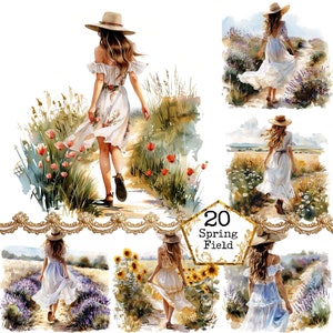 Fille aquarelle JPEG sur un champ Clipart de champ JPEG gratuit comme le VENT Téléchargement instantané Papier créatif Journal indésirable Scrapbooking