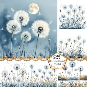 Puede incluir: Un collage digital de 25 ilustraciones de dientes de león en un esquema de color azul y blanco. El collage está dividido en cuatro secciones, cada una con una disposición diferente de dientes de león. La sección superior izquierda presenta un cielo nocturno con luna llena y varios dientes de león en diferentes etapas de floración. La sección superior derecha presenta un primer plano de un grupo de dientes de león con un fondo azul. La sección inferior izquierda presenta un primer plano de un solo diente de león con un fondo blanco. La sección inferior derecha presenta un primer plano de un grupo de dientes de león con un fondo blanco. El collage se titula "25 Dandelions Field".
