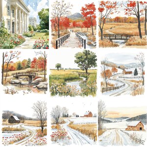 a series of four paintings of a country scene