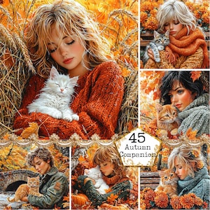 JPEG herfst meisje en kat vrienden clipart mooi meisje en kat vriendschap clipart instant download papier ambachten ongewenste dagboek scrapbooking