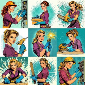 May include: Nine illustrations of women in different work outfits using tools. The women are wearing hard hats, safety glasses, and gloves. The tools include a saw, a drill, a sander, a welding torch, and a wrench. The illustrations are in a retro comic book style.
