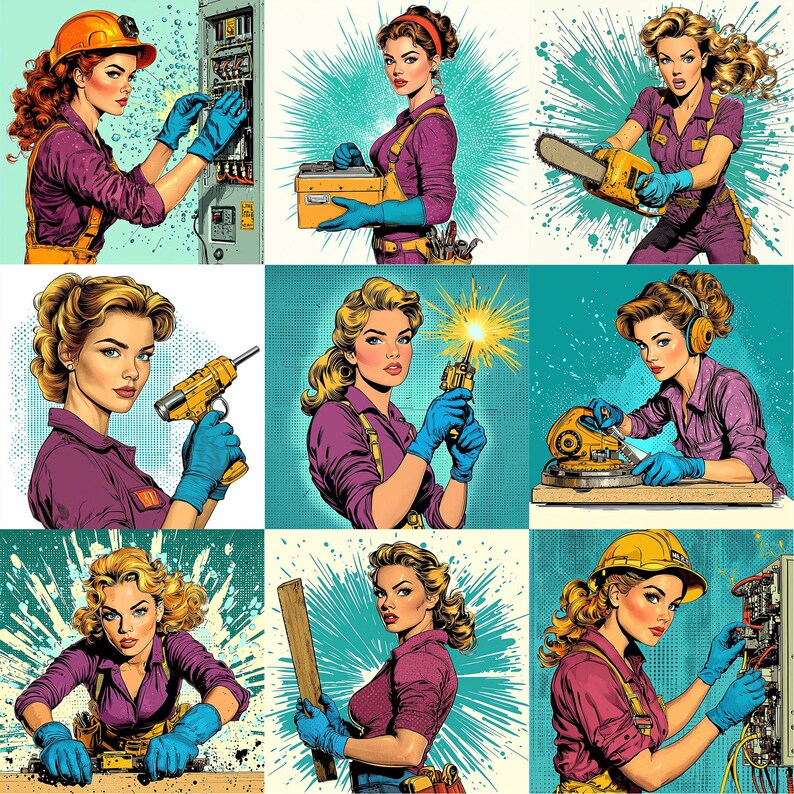 May include: Nine illustrations of women in different work outfits using tools. The women are wearing hard hats, safety glasses, and gloves. The tools include a saw, a drill, a sander, a welding torch, and a wrench. The illustrations are in a retro comic book style.