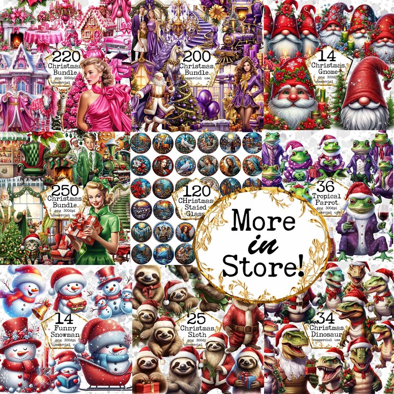 May include: A collage of digital images featuring various Christmas-themed illustrations, including gnomes, snowmen, sloths, parrots, and dinosaurs. The images are arranged in a grid pattern and each image includes a number and text describing the type of illustration and the number of images available. The text "More in Store!" is displayed in the center of the collage.