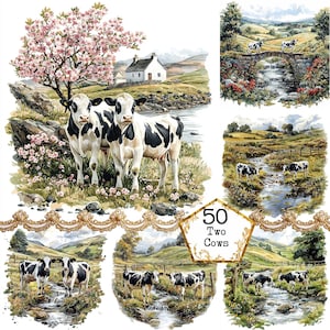 Paquete de arte de acuarela con vacas y paisajes en formato JPEG, diseño de granja, estilo cottagecore, descarga instantánea, manualidades con papel, diario basura, álbumes de recortes
