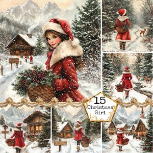 JPEG Aquarell Weihnachten Mädchen Hintergründe Winter Landschaft Cottagecore Weihnachten Sofortiger Download Papier Handwerk Junk Journal Scrapbooking