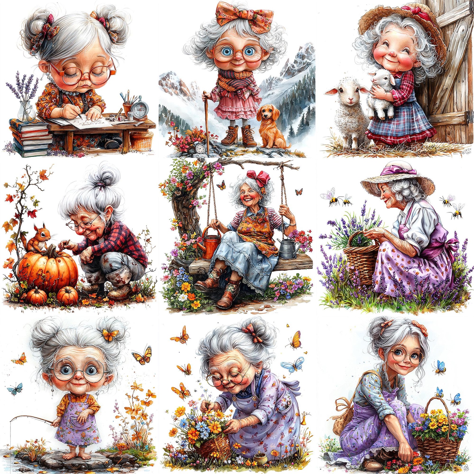 JPEG Watercolor Spring Granny Clipart Bundle Funny Elderly Lady Cute ...