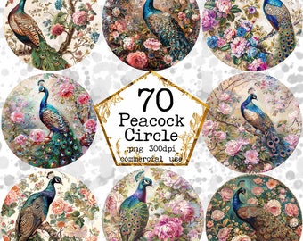 Watercolor Vintage Peacock Circular Sublimation Design Clipart Floral Peacock PNG Instant Download Paper Crafts Junk Journal Scrapbooking