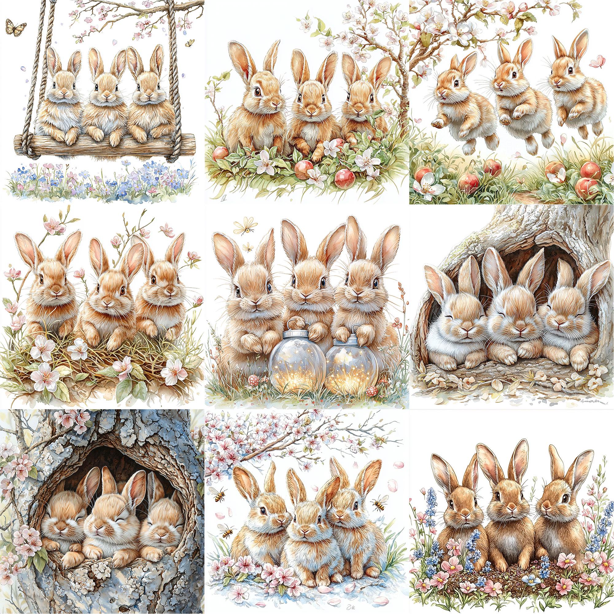 JPEG Watercolor Spring Bunnies Clipart Bundle Floral Rabbits Clipart ...