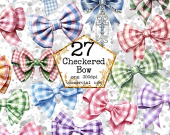 Watercolor Checkered Bow Clipart Bundle PNG Pastel Bow PNG Commercial use Instant Download Paper Crafts Junk Journal Scrapbooking