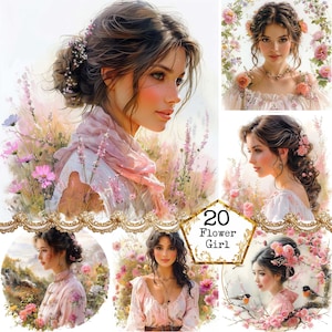 Flower Girl Clipart Bundle JPEG Flower Field Wild Flowers FLoral Wreath Clipart JPEG Instant Download Paper Crafts Junk Journal Scrapbooking