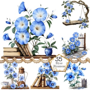 PNG + JPEG Aquarela Flor Azul Clipart Pacote Flores da Primavera Paisagem da Primavera Download Instantâneo Papel Artesanato Junk Journal Scrapbooking