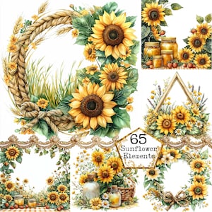 JPEG aquarelle printemps tournesol éléments Clipart faisceaux arrière-plans floraux cadres téléchargement immédiat papier artisanat indésirable journal scrapbooking