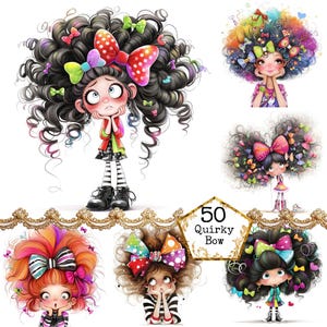 Pacchetto di clipart di ragazza eccentrica con fiocco in acquerello JPEG, ragazza stravagante, effimera, arte, download istantaneo, artigianato di carta, diario di scarto, scrapbooking