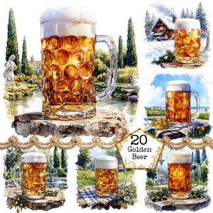 Op de afbeelding: Een set van zes aquarel illustraties van bierglazen met verschillende achtergronden. De glazen zijn allemaal gevuld met een gouden bier en hebben een wit schuimkopje. De achtergronden omvatten een tuin, een besneeuwde hut, een strand en een bos.
