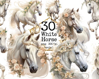 PNG Watercolor Floral Horse Clipart Bundle White Horse PNG Romantic Clipart Fantasy Horse Clipart Paper Crafts Junk Journal Scrapbooking