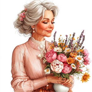 JPEG Watercolor Elderly Spring Lady With Flowers Clipart Bundle Woman ...