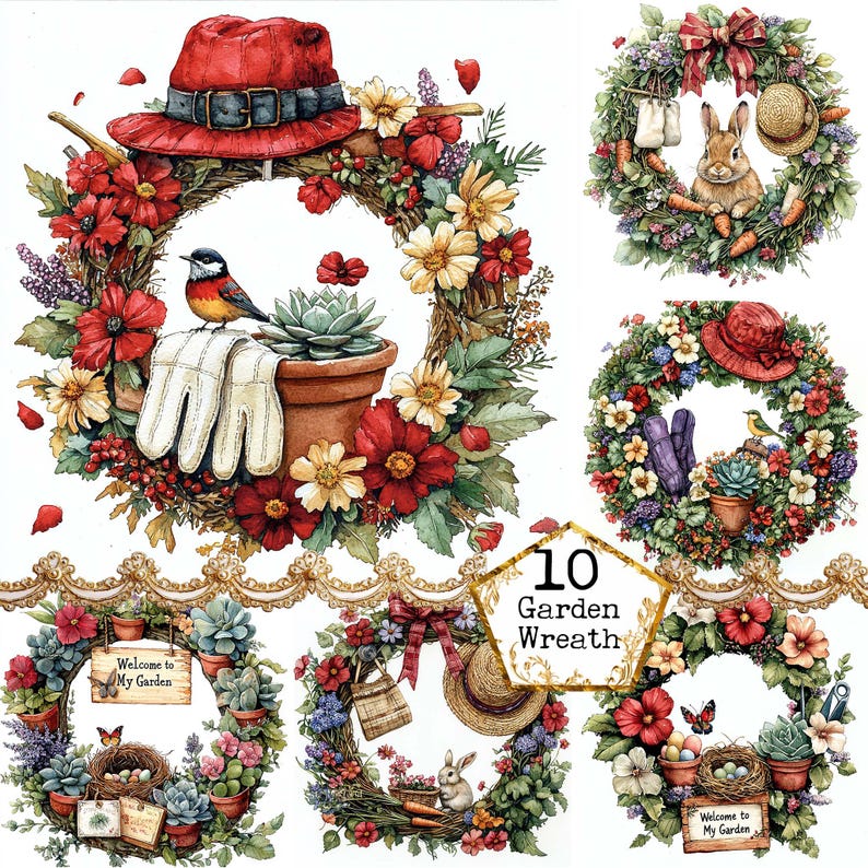 JPEG Watercolor Garden Tools Wreath Clipart Bundle Garden Wreath