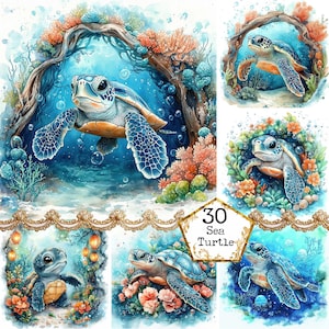 Pacchetto di clipart di tartarughe marine con acquerello JPEG, clipart di barriera corallina e oceano, clipart estive, download istantaneo, artigianato di carta, diario di spazzatura, scrapbooking