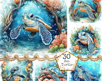 JPEG Watercolor Sea Turtle Clipart Bundle Coral Reef Ocean Clipart Summer Clipart Instant Download Paper Crafts Junk Journal Scrapbooking