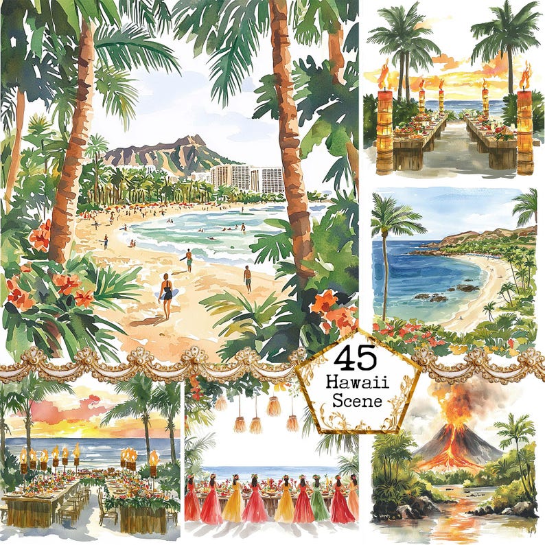 a collage of a beach scene with palm trees