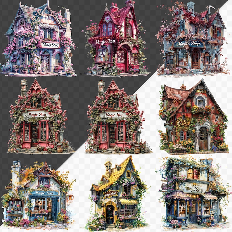 May include: A digital painting of nine different whimsical shops with the words "Magic Shop" on the signs. The shops are all decorated with flowers and vines, and they have a variety of colors and styles.