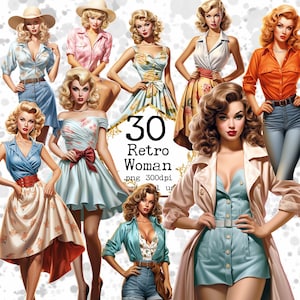 PNG Retro Girls Clipart Bundle PNG Planner Pegatinas Vintage Ephemera Clipart Descarga instantánea Artesanías de papel Diario basura Scrapbooking