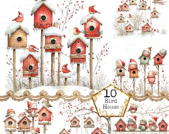 JPEG Watercolor birdhouse Graphics Clipart Bundle Quirky Birds Winter Birds Friends Instant Download Paper Crafts Junk Journal Scrapbooking