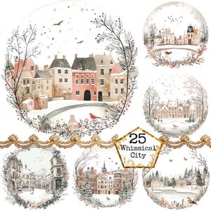 JPEG Acquerello Città stravagante Colore pastello Clipart Bundle Città eccentrica Città invernale Download immediato Artigianato di carta Diario spazzatura Scrapbooking