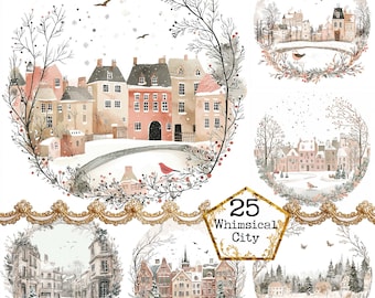 JPEG Aquarell wunderliche Stadt Pastell Farbe Clipart Bundle schrullig Stadt Winter Stadt Sofortiger Download Papier Handwerk Junk Journal Scrapbooking