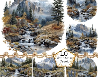 Aquarelle Mountain Creek JPEG Nature Clipart paysage Clipart aquarelle paysage Téléchargement instantané Papier Artisanat indésirable Journal Scrapbooking