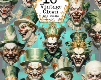 May include: A digital collage of 16 vintage clown illustrations. The clowns are depicted with various expressions and wearing colorful, whimsical hats. The text "16 Vintage Clown .png 300dpi commercial use" is displayed in the center of the image.