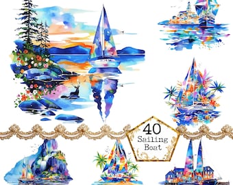 Sailing Boat Watercolor Clipart Bundle – 40 PNG and JPEG Nautical Coastal Illustrations Ocean Yacht and Lighthouse Art Seaside Harbor