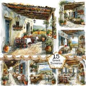 Aquarell griechische Gastronomie Clipart Bundle JPEG Sofort-Download Aquarell Sommer Clipart Kommerzielles Papier Handwerk Junk Journal Scrapbooking