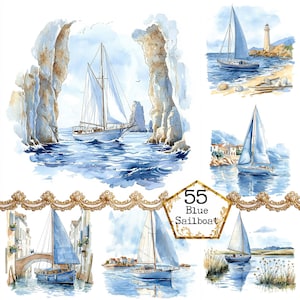 Aquarelle JPEG bateau à voile dans la mer JPEG voile Clipart nautique Clipart bateau Téléchargement instantané Papier Artisanat indésirable Journal Scrapbooking