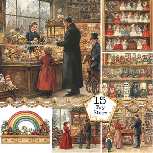 JPEG Acquerello Natale Negozio di giocattoli Grafica Vintage Negozio di giocattoli Arte Regalo di Natale Download immediato Artigianato di carta Diario di spazzatura Scrapbooking
