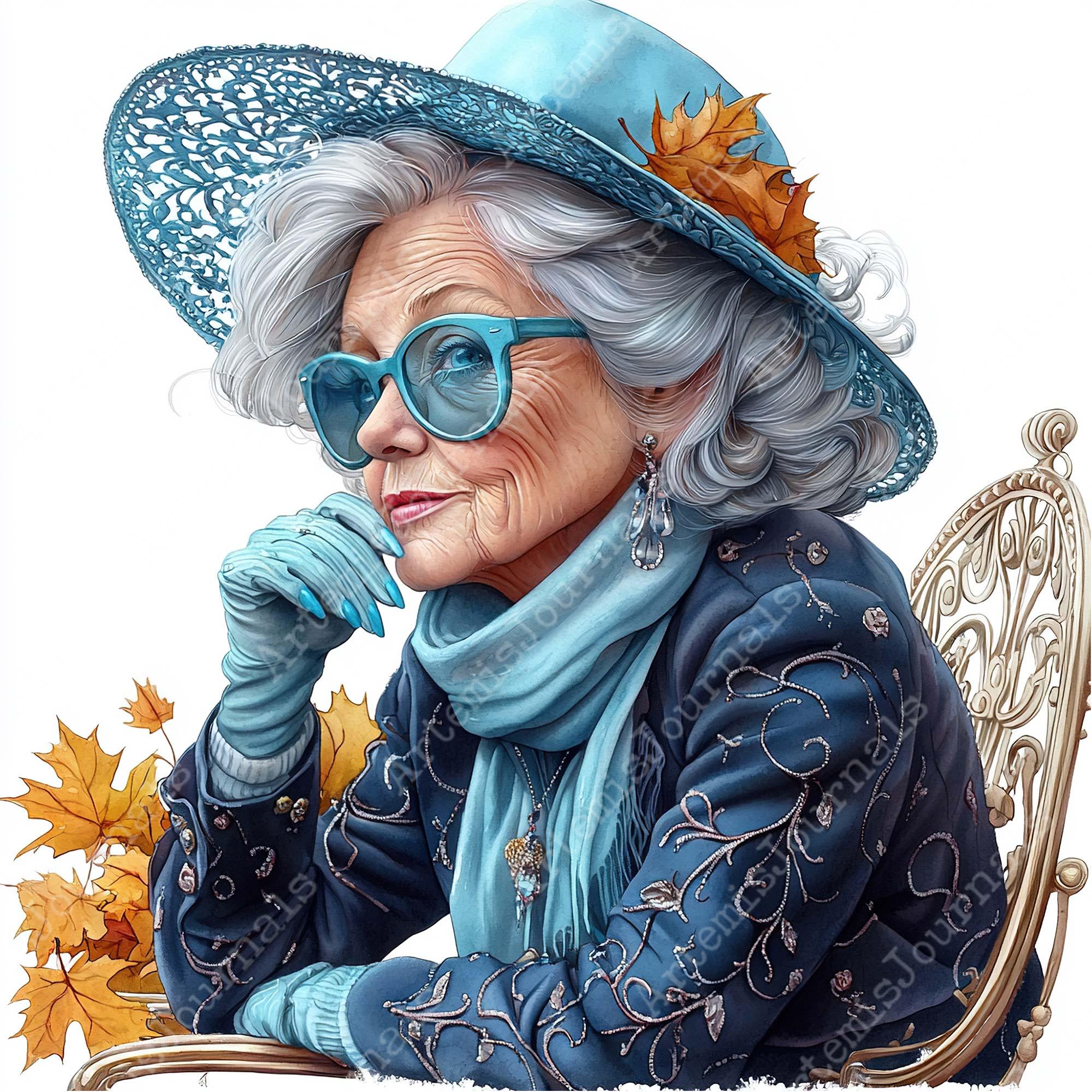 JPEG Watercolor Elegant Lady in Blue Clipart Bundle Elderly Lady ...