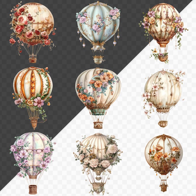 PNG Watercolor Floral Hot Air Balloons Vintage Clipart Watercolor ...