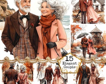 JPEG watercolor Elderly Couple Clipart Bundle Autumn Walk Love Couple Clipart Lovers Instant Download Paper Crafts Junk Journal Scrapbooking
