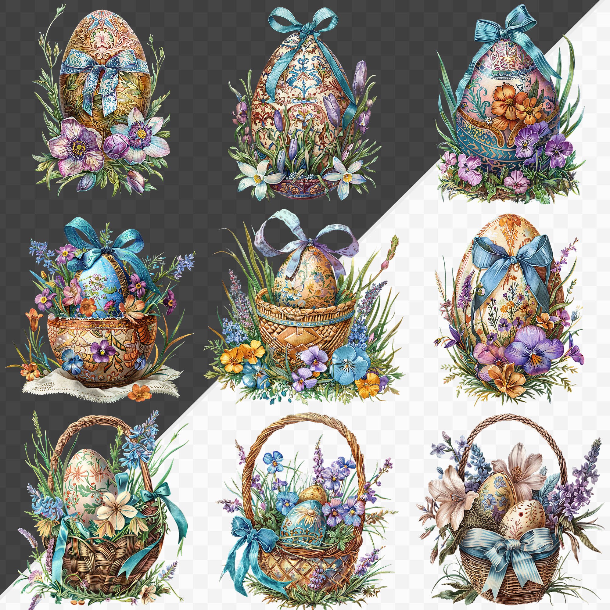 Watercolor Easter Eggs Clipart Bundle Spring Flowers Png Easter Rabbit ...