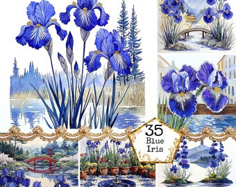 10 印刷可能な水彩画のアイリス、水彩画の青いアイリス、春のクリップ