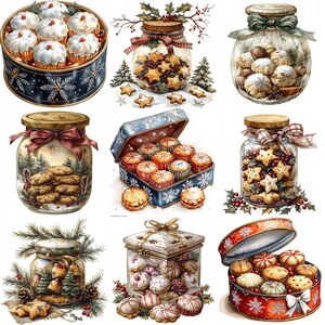 May include: Nine different containers filled with various Christmas cookies. The containers are made of glass, metal, and ceramic. Some containers have lids and some have ribbons. The cookies are decorated with icing, sprinkles, and other festive designs.