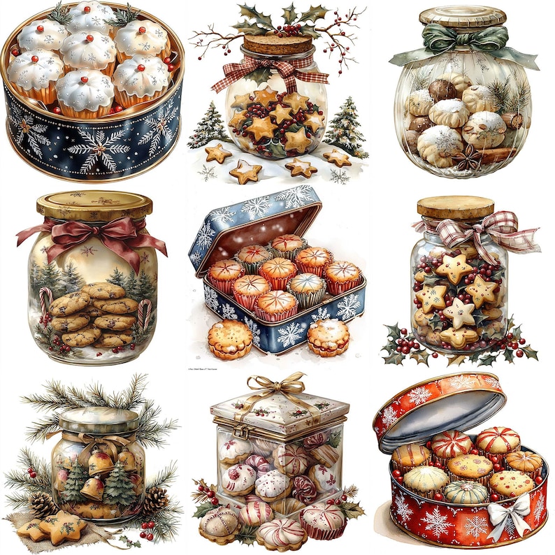 May include: Nine different containers filled with various Christmas cookies. The containers are made of glass, metal, and ceramic. Some containers have lids and some have ribbons. The cookies are decorated with icing, sprinkles, and other festive designs.