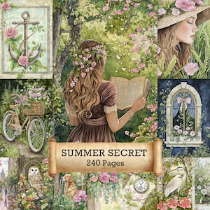 Puede incluir: Un collage de ilustraciones en acuarela con temática de verano. La imagen central muestra a una persona leyendo un libro rodeada de flores. Otras imágenes incluyen una bicicleta con una cesta de flores, un ancla con rosas y una ventana con un lazo. Se muestra el texto "SUMMER SECRET 240 Pages".