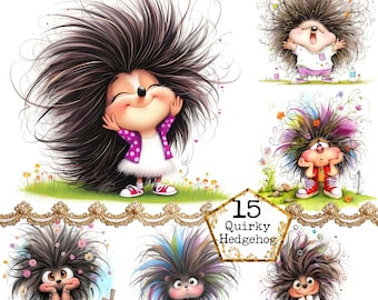 JPEG Whimsical Hedgehog Clipart Bundle Quirky Hedgehog Watercolor Animal Illustration Instant Download Paper Craft Junk Journal Scrapbooking