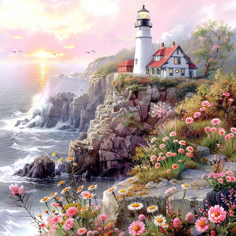 May include: A coastal landscape painting featuring a white lighthouse with a red roof perched on a rocky cliff. Pink and white flowers bloom in the foreground, with the ocean and a sunset in the background. Birds fly in the sky.